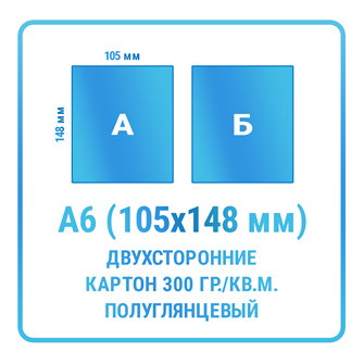 Листовки А6 (105х148 мм), двухсторонние, картон 300 гр./кв.м. (полуглянцевый) 10150